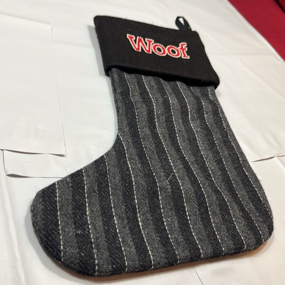 WOOF embroidery Puppy Dog PET black gray striped wool Holiday Christmas stocking - Picture 3 of 10